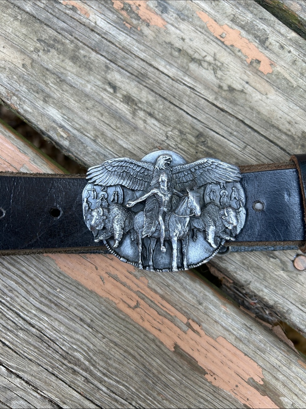 Men's Black Leather Belt with Silver Eagle & Rider Buckle